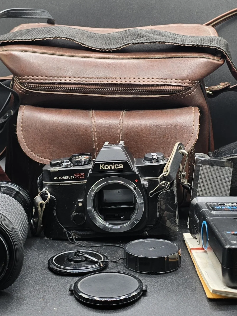 Konica Autoreflex TC 35mm SLR Camera - Black with Brown Leather Case